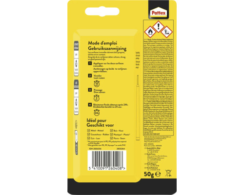 Pattex contactlijm verpakking met instructies en toepassingsinformatie