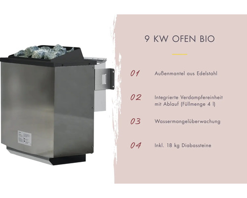 9 kilowatt sauna kachel met roestvrijstalen mantel en 18 kilogram diabas stenen
