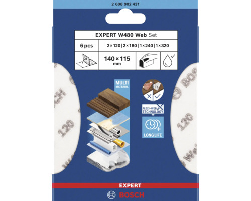 Bosch Expert W480 schuurnet set, 6-delig, korrelgroottes 2x 120, 2x 180, 1x 240, 1x 320, afmeting 140 x 115 millimeter, geschikt voor verschillende materialen