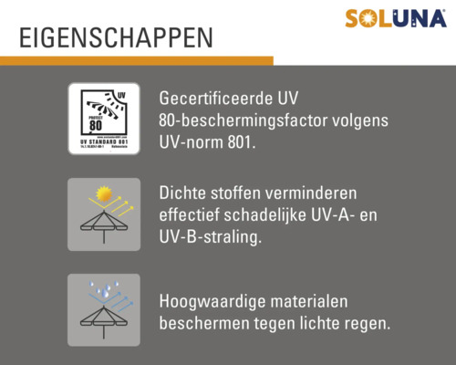 Soluna producteigenschappen: UV Standard 801 keurmerk, bescherming tegen UV-A- en UV-B-straling, waterafstotende materialen