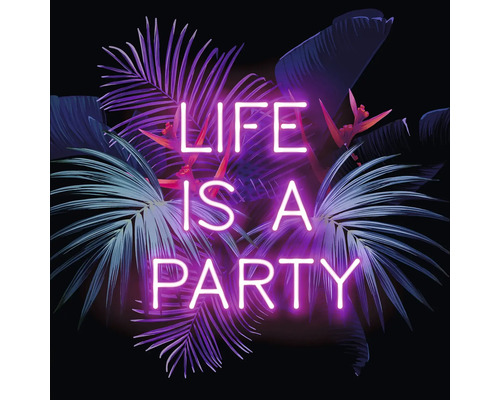 Decoratie met de tekst Life is a Party en plantmotieven