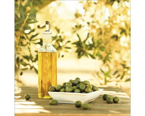 PURE LIVING Schilderij glas Olijven III 30x30 cm Olijfolie in fles en olijven in een schaal op tafel