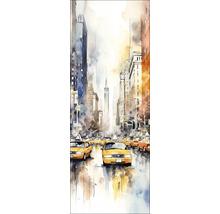 Schilderij van een New Yorks straatbeeld met gele taxi's en hoge gebouwen
