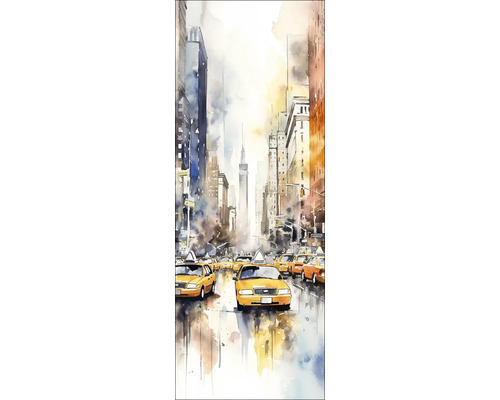 Schilderij van een New Yorks straatbeeld met gele taxi's en hoge gebouwen