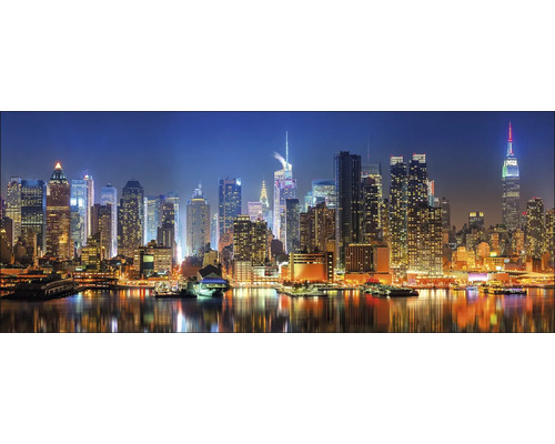 PURE LIVING Schilderij glas Manhattan Skyline 125x50 cm Skyline van New York bij nacht met talrijke wolkenkrabbers en heldere verlichting