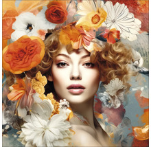 Portret van een vrouw versierd met bloemen.