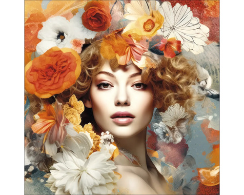 PURE LIVING Schilderij glas Bloemen Op Haar Hoofd 80x80 cm Portret van een vrouw versierd met bloemen.