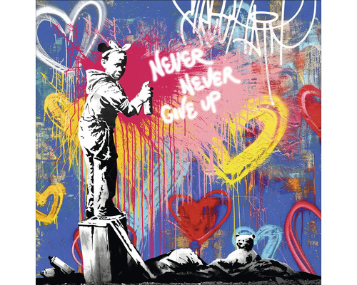 Illustratie met een meisje dat een spuitbus vasthoudt en de tekst 'Never Never Give Up'
