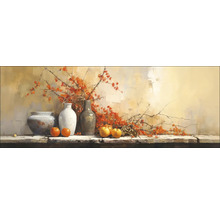 Schilderij met vazen, appels en bloeiende takken op een tafel