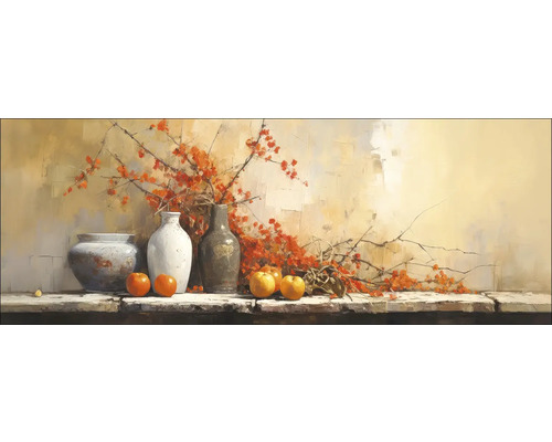 Schilderij met vazen, appels en bloeiende takken op een tafel