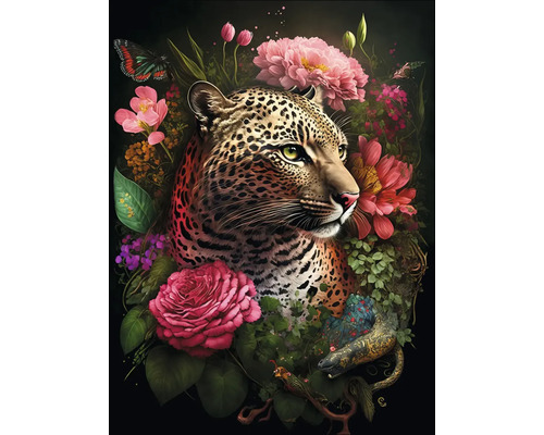 PURE LIVING Schilderij canvas Leopard With Flowers 77x57