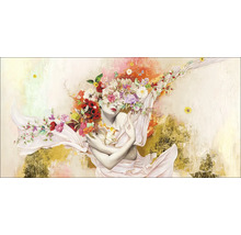 Schilderij van een vrouw met bloemen op haar gezicht