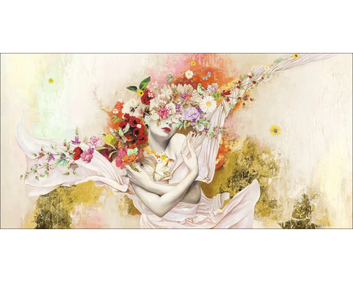 Schilderij van een vrouw met bloemen op haar gezicht