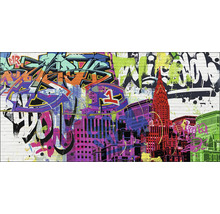 Wanddecoratie met graffiti en stadsgezichten