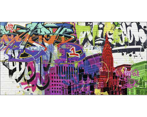 Wanddecoratie met graffiti en stadsgezichten
