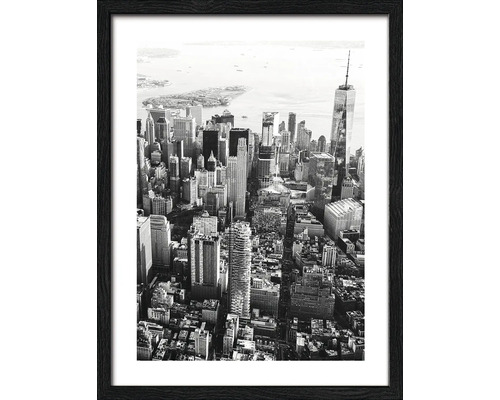 Ingelijste zwart-witfoto van een New Yorks stadsgezicht
