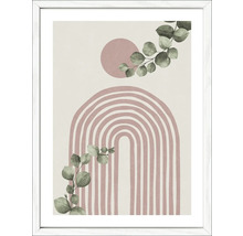 Grafische print met regenboogmotief en eucalyptus takken in witte lijst