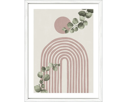 Grafische print met regenboogmotief en eucalyptus takken in witte lijst