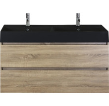 Wastafelonderkast met twee laden en zwarte dubbele wastafel