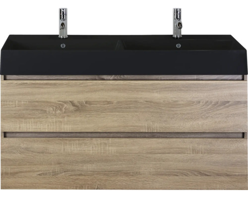Wastafelonderkast met twee laden en zwarte dubbele wastafel