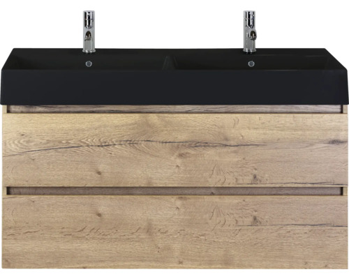 Wastafelonderkast met twee wastafels en twee lades in houtlook