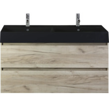 Wastafelonderkast met twee laden en zwarte dubbele wastafel
