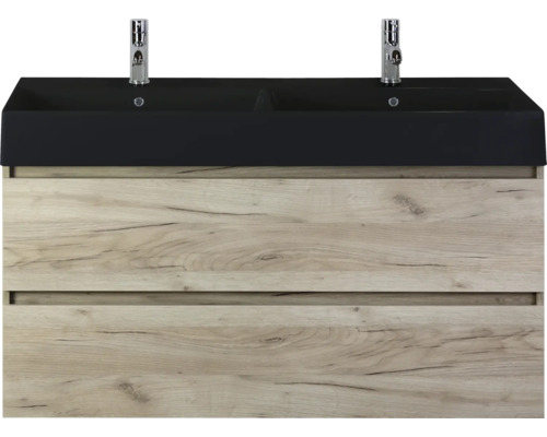 Wastafelonderkast met twee laden en zwarte dubbele wastafel