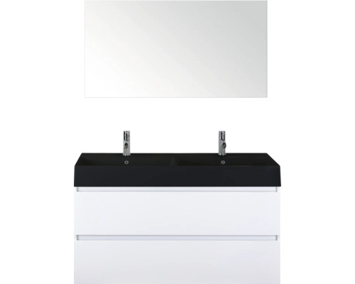 SANOX Badkamermeubelset Maxx XL wit 120 cm met twee lades incl. dubbele keramische wastafel Kube met twee kraangaten mat zwart en spiegel Wastafelmeubel met dubbele wastafel, onderkast en spiegel voor de badkamer