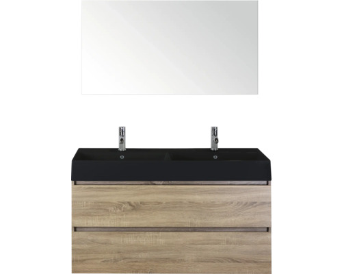 SANOX Badkamermeubelset Maxx XL grijs eiken 120 cm met twee lades incl. dubbele keramische wastafel Kube met twee kraangaten mat zwart en spiegel Wastafelmeubel met twee wastafels, kranen, onderkast en spiegel voor de badkamer