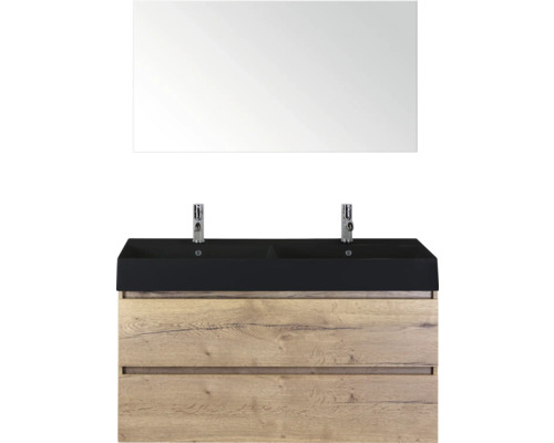 SANOX Badkamermeubelset Maxx XL natuur eiken 120 cm met twee lades incl. dubbele keramische wastafel Kube met twee kraangaten mat zwart en spiegel Wastafelmeubel met twee waskommen, onderkast en spiegel voor de badkamer