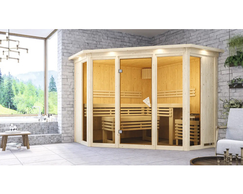 Moderne sauna met glazen voorkant en houten banken in een lichte ruimte