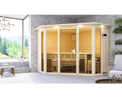 Houten binnensauna met glazen elementen in een lichte badkamer
