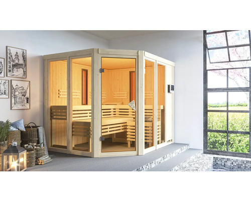 Moderne sauna met houten banken en glazen voorkant in een lichte ruimte