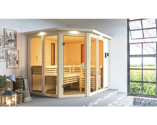 Hoeksauna met glazen voorkant en houten banken in een lichte ruimte