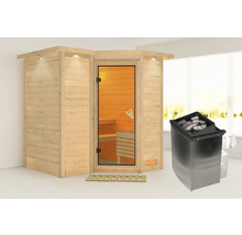 Houten sauna met glazen deur en sauna kachel met saunastenen