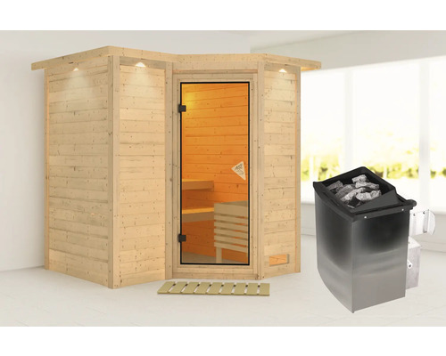 Houten sauna met glazen deur en sauna kachel met saunastenen