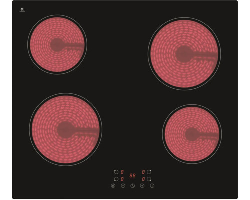 Zwart elektrisch fornuis met vier kookzones en bedieningspaneel.