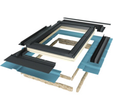 Gedetailleerde tekening van een dakraam met frame, isolatie en afdichting
