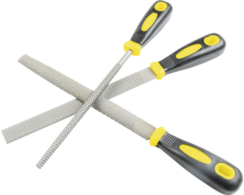 Drie raspen met kunststof handvat gekruist afgebeeld