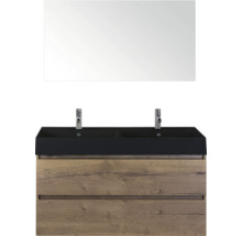 Wastafelmeubel met spiegel, zwarte wasbak en onderkast in houtlook