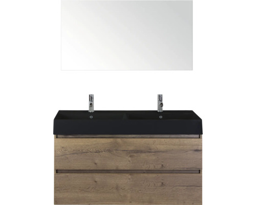 SANOX Badkamermeubelset Maxx XL tabacco 120 cm met twee lades incl. dubbele keramische wastafel Kube met twee kraangaten mat zwart en spiegel Wastafelmeubel met spiegel, zwarte wasbak en onderkast in houtlook