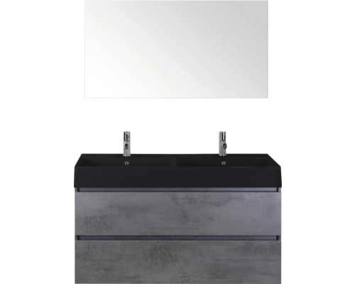 SANOX Badkamermeubelset Maxx XL beton antraciet 120 cm met twee lades incl. dubbele keramische wastafel Kube met twee kraangaten mat zwart en spiegel Wastafelonderkast met twee wastafels en spiegel