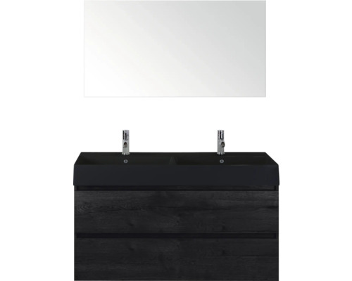 SANOX Badkamermeubelset Maxx XL black oak 120 cm met twee lades incl. dubbele keramische wastafel Kube met twee kraangaten mat zwart en spiegel Wastafelmeubel met twee wastafels, onderkast met lades en rechthoekige spiegel