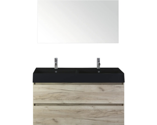 SANOX Badkamermeubelset Maxx XL craft oak 120 cm met twee lades incl. dubbele keramische wastafel Kube met twee kraangaten mat zwart en spiegel Wastafelmeubel met spiegel, dubbele wastafel en twee laden