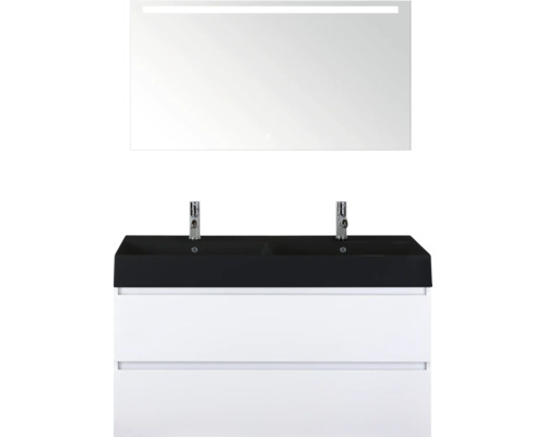 SANOX Badkamermeubelset Maxx XL wit 120 cm met twee lades incl. dubbele keramische wastafel Kube met twee kraangaten mat zwart en spiegelkast met verlichting Wastafelmeubel met onderkast en verlichte spiegel voor de badkamer