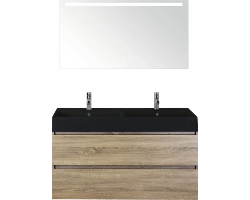SANOX Badkamermeubelset Maxx XL grijs eiken 120 cm met twee lades incl. dubbele keramische wastafel Kube met twee kraangaten mat zwart en spiegelkast met verlichting Wastafelmeubel met twee waskommen, onderkast en spiegel met verlichting