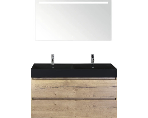 SANOX Badkamermeubelset Maxx XL natuur eiken 120 cm met twee lades incl. dubbele keramische wastafel Kube met twee kraangaten mat zwart en spiegelkast met verlichting Wastafelcombinatie met spiegel en twee waskommen