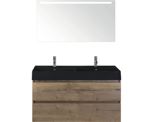 SANOX Badkamermeubelset Maxx XL tabacco 120 cm met twee lades incl. dubbele keramische wastafel Kube met twee kraangaten mat zwart en spiegelkast met verlichting Wastafelcombinatie met spiegel en onderkast