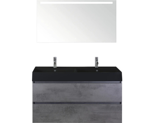 SANOX Badkamermeubelset Maxx XL beton antraciet 120 cm met twee lades incl. dubbele keramische wastafel Kube met twee kraangaten mat zwart en spiegelkast met verlichting Badkamermeubelset met dubbele wastafel, onderkast en spiegel met verlichting