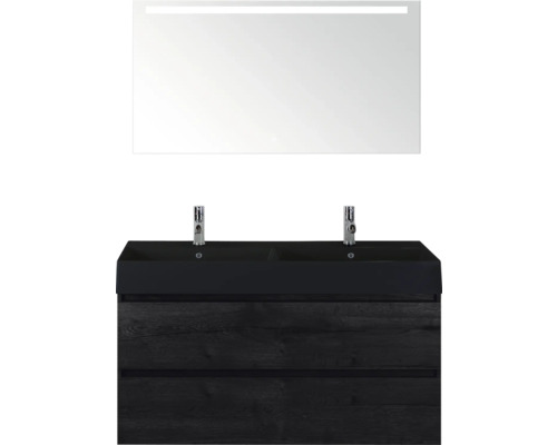 SANOX Badkamermeubelset Maxx XL black oak 120 cm met twee lades incl. dubbele keramische wastafel Kube met twee kraangaten mat zwart en spiegelkast met verlichting Wastafelcombinatie met spiegel en twee wastafels